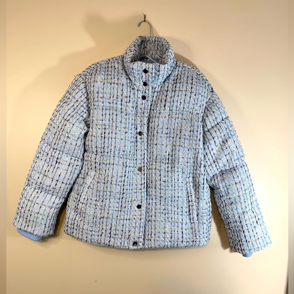 Express light blue tweed puffer short jacket/coat - Picture 3 of 13